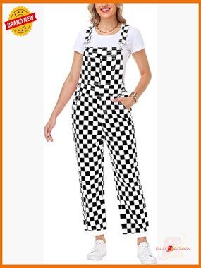 Checkered Bib Overalls, Stretch Denim Coveralls Jumpsuit, Sleeveless